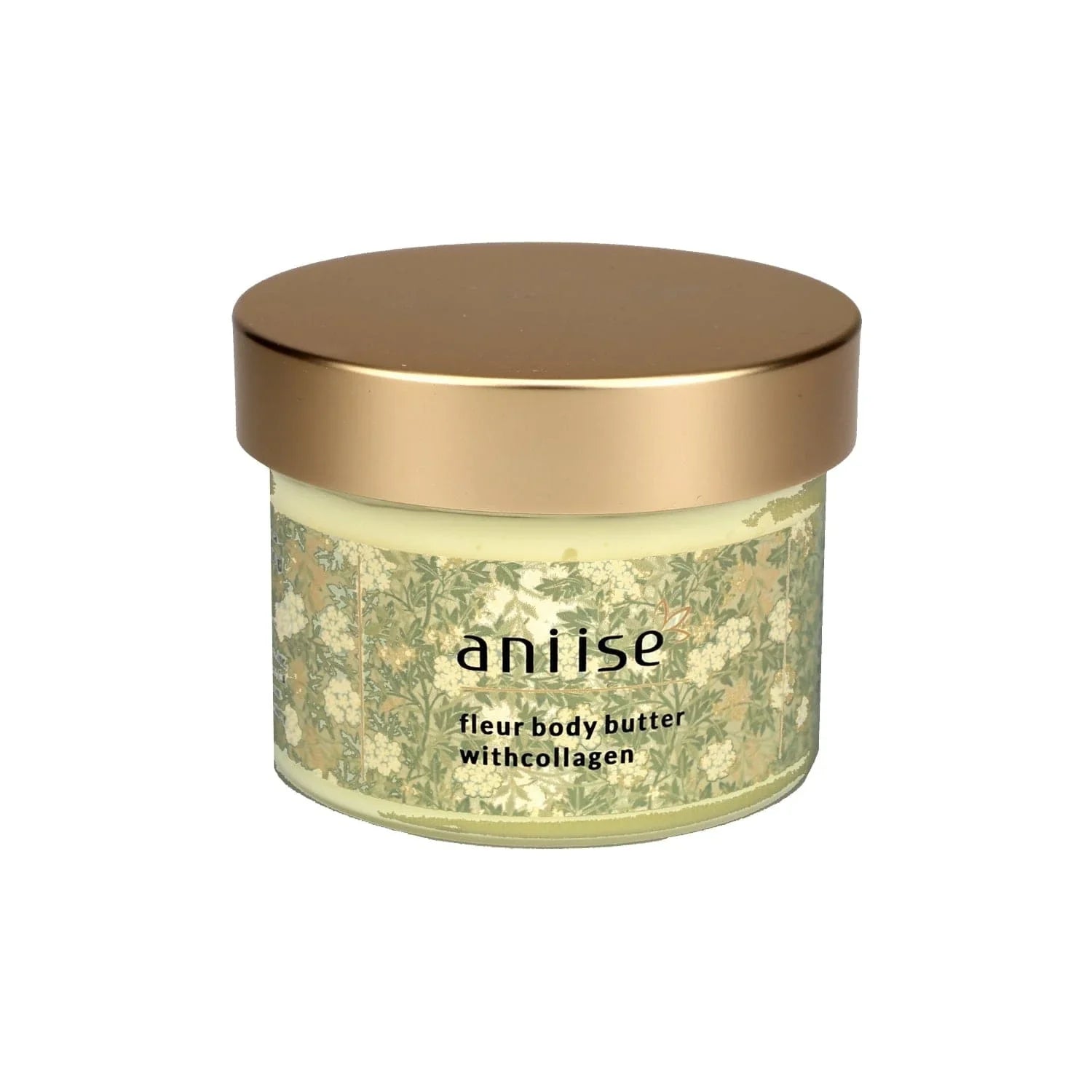 Aniise fleur body butter with collagen in a floral glass jar and gold lid, Qu!rk Boutique