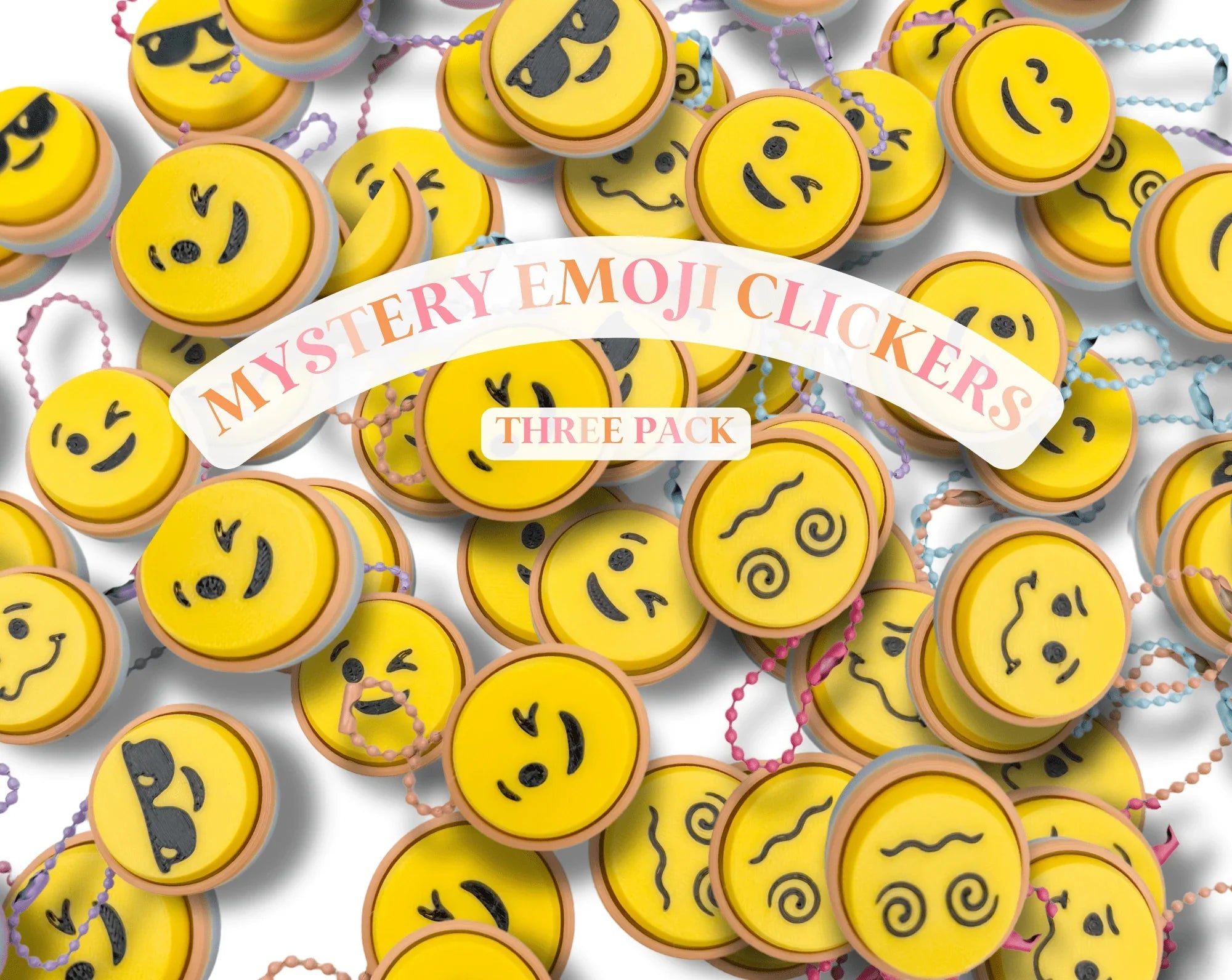Mystery pack of yellow emoji face keyboard clickers with keychains, three pack at Qu!rk Boutique