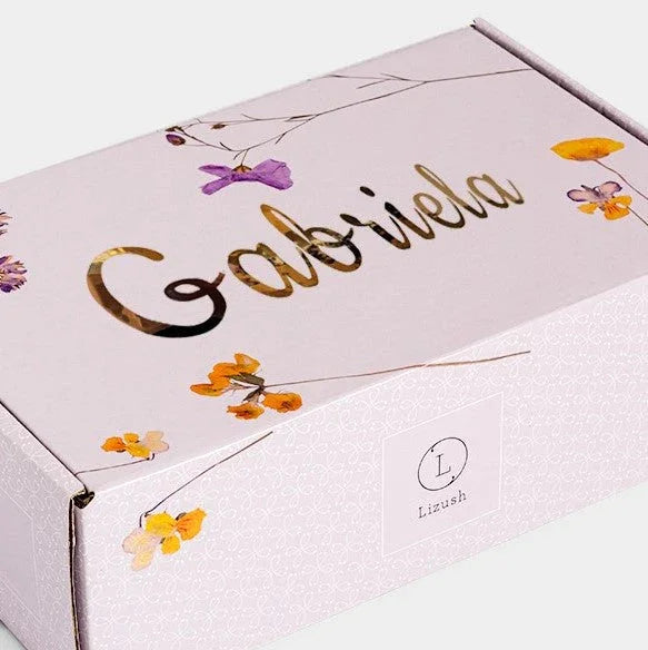 Personalized pink gift box with gold foil name Gabriela and floral accents from Lizush
