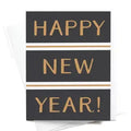 Black card with gold text Happy New Year! and white envelope on white background