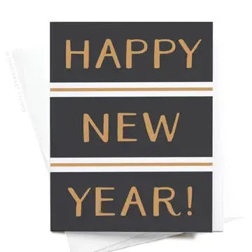 Black card with gold text Happy New Year! and white envelope on white background