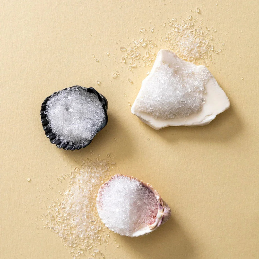 Sea salt crystals displayed in three seashells on beige background for bath and skincare