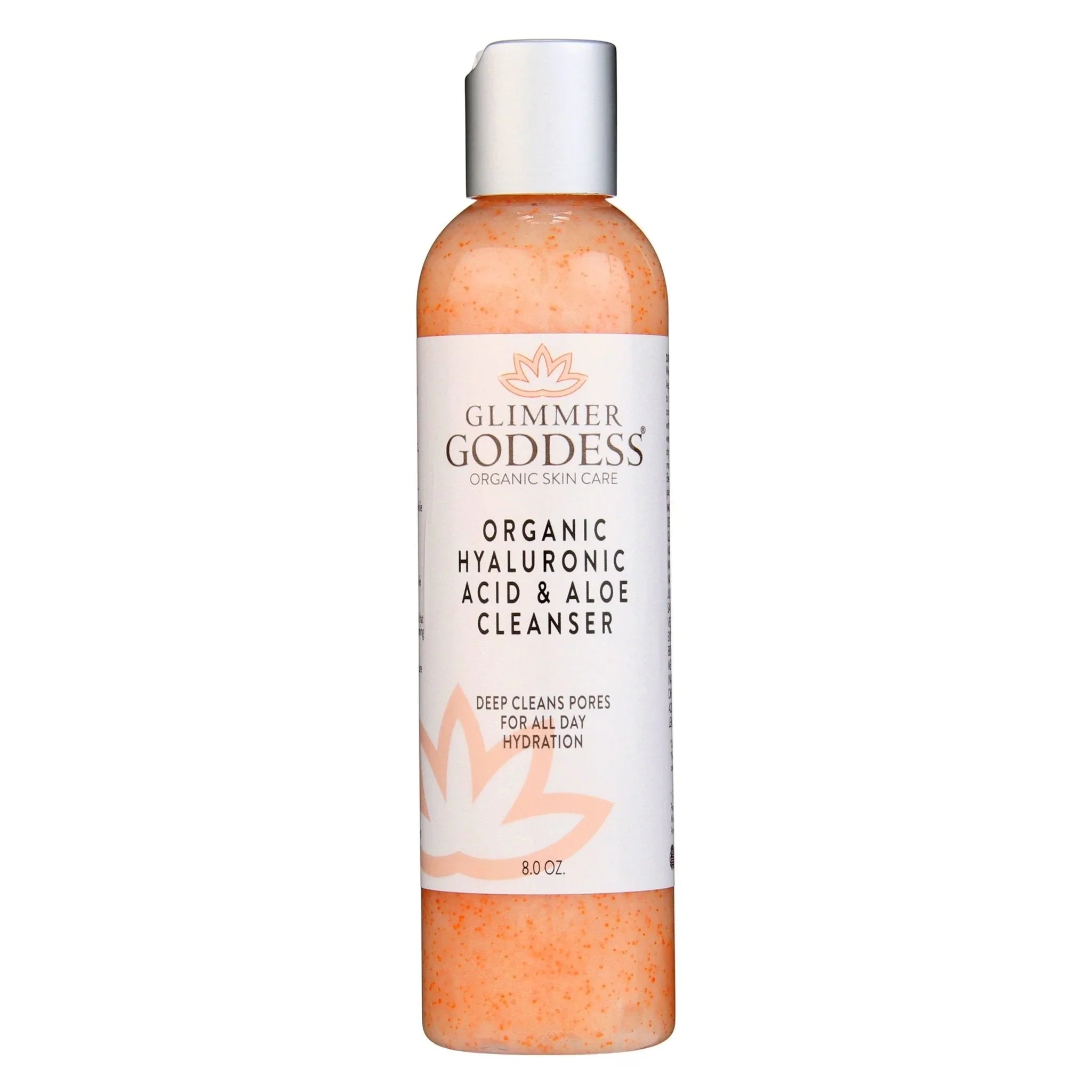 Glimmer Goddess organic hyaluronic acid and aloe cleanser bottle with exfoliating particles, 8 oz.