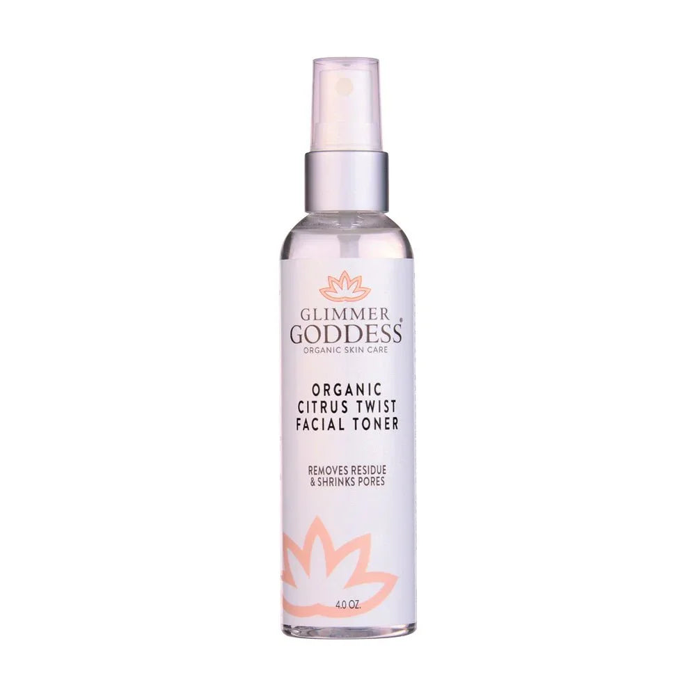 Glimmer Goddess Organic Citrus Twist Facial Toner spray bottle with clean white label