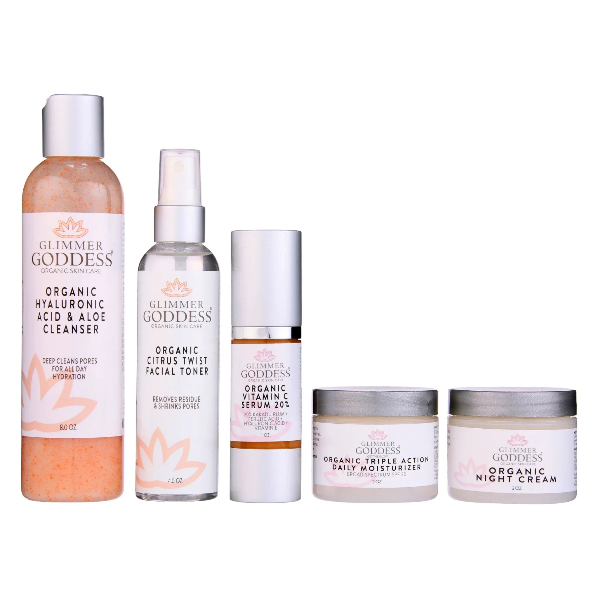 Glimmer Goddess organic skincare set with cleanser, toner, vitamin C serum, daily moisturizer, and night cream