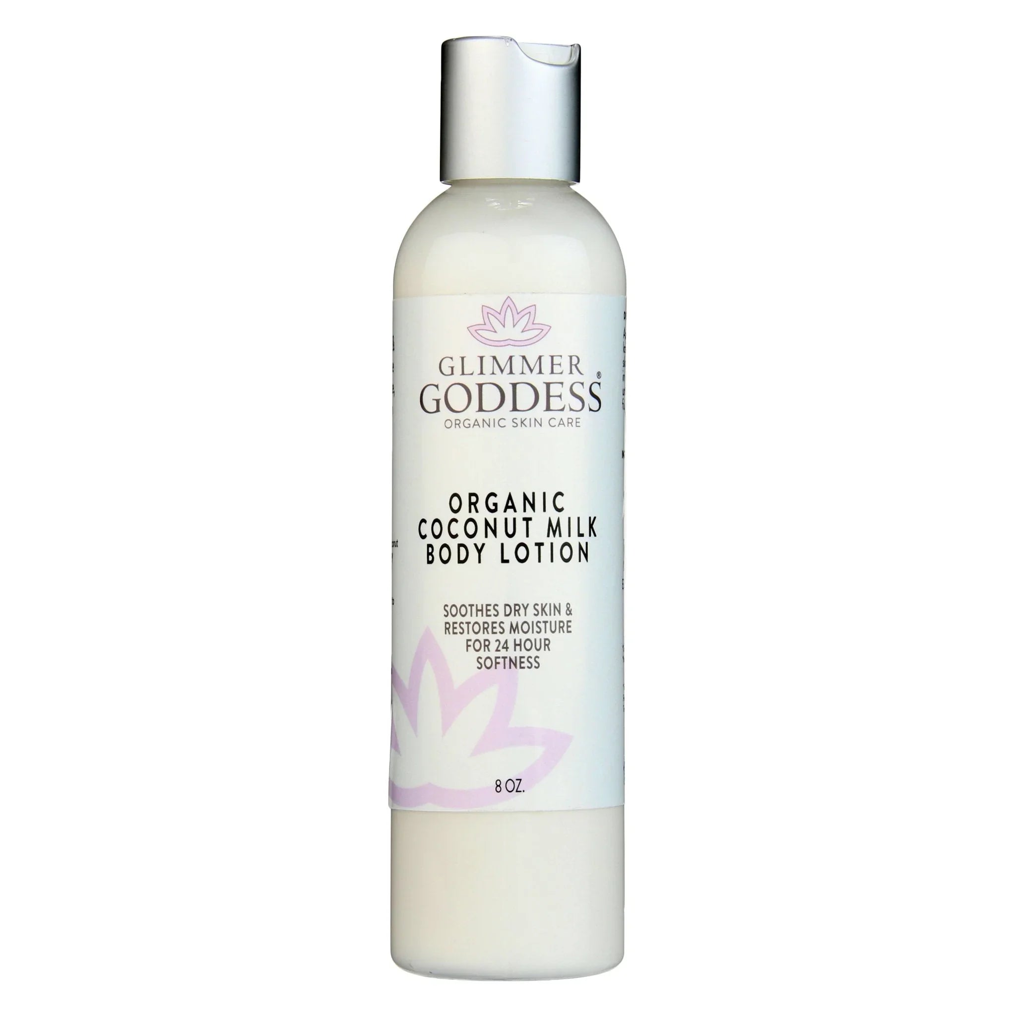 Glimmer Goddess organic coconut milk body lotion bottle, 8oz, for soft skin