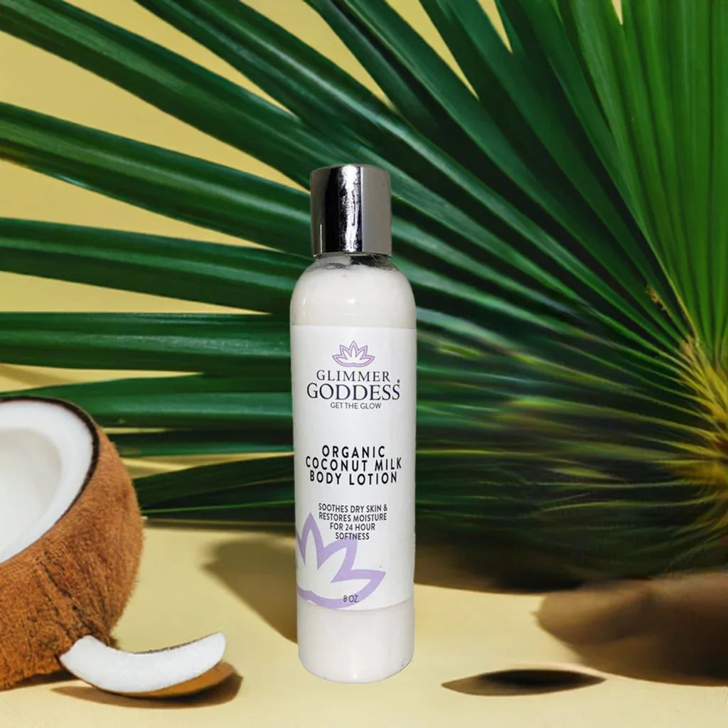 Glimmer Goddess organic coconut milk body lotion bottle with coconut and palm leaf, Qu!rk Boutique
