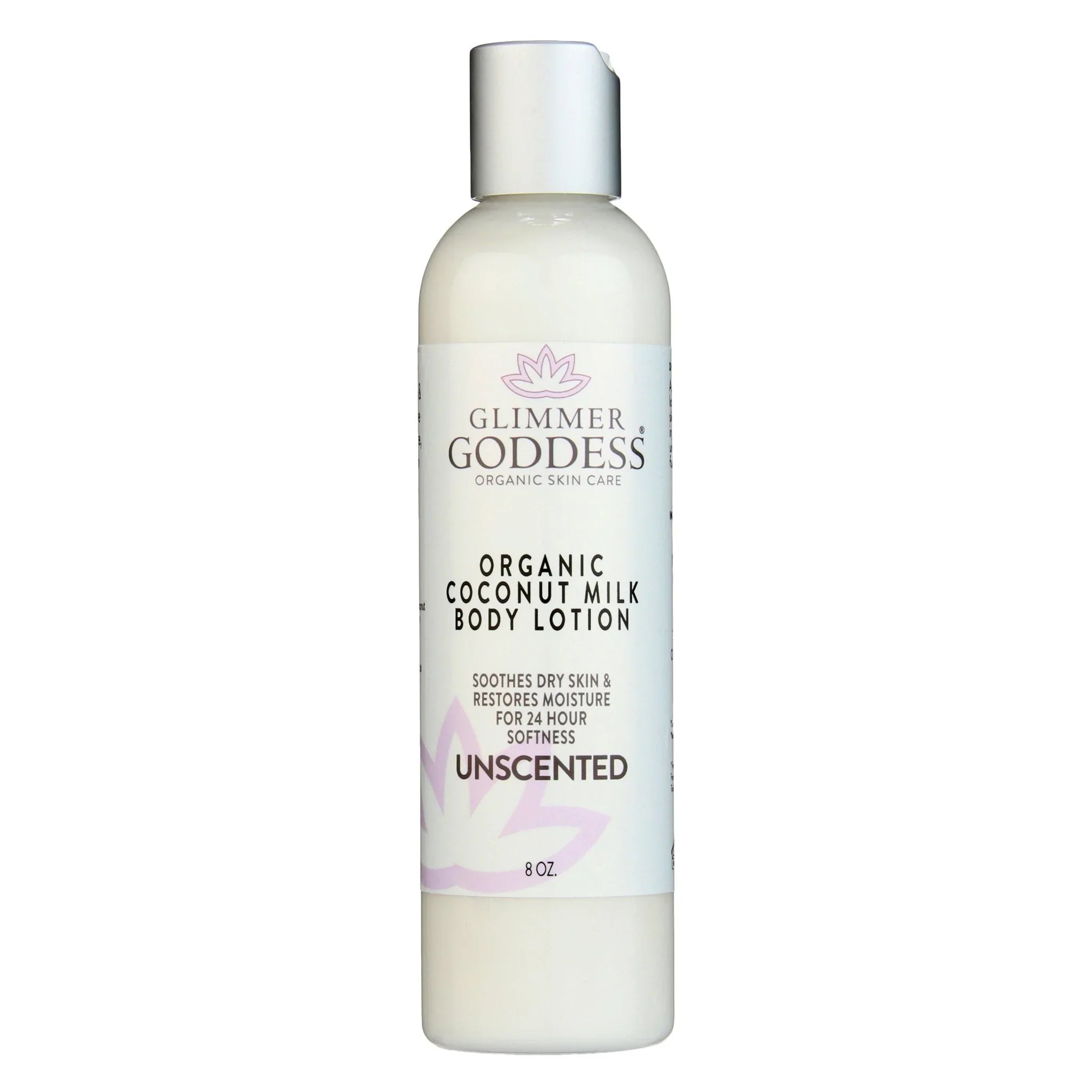 Glimmer Goddess organic coconut milk body lotion bottle, unscented, 8 oz, on white background
