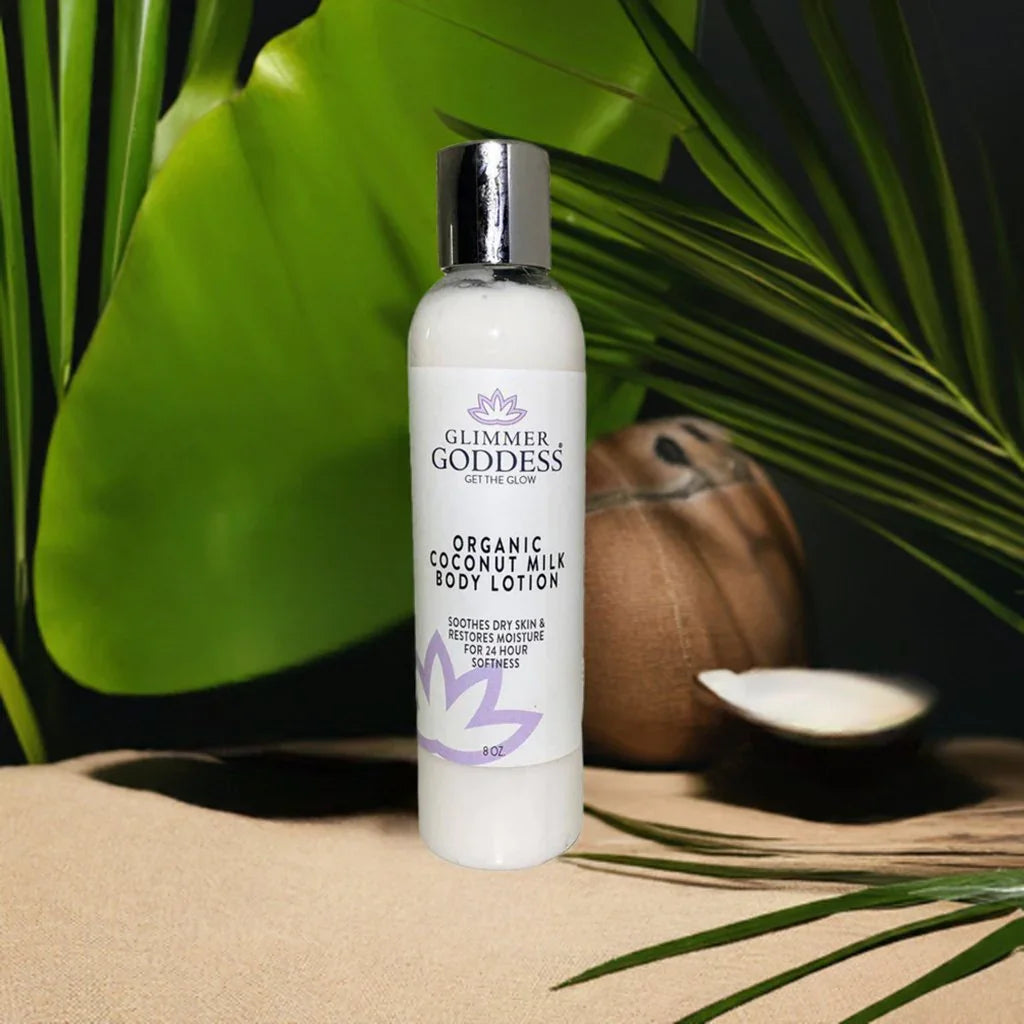 Glimmer Goddess organic coconut milk body lotion bottle with coconut and palm leaves, eco-friendly skincare
