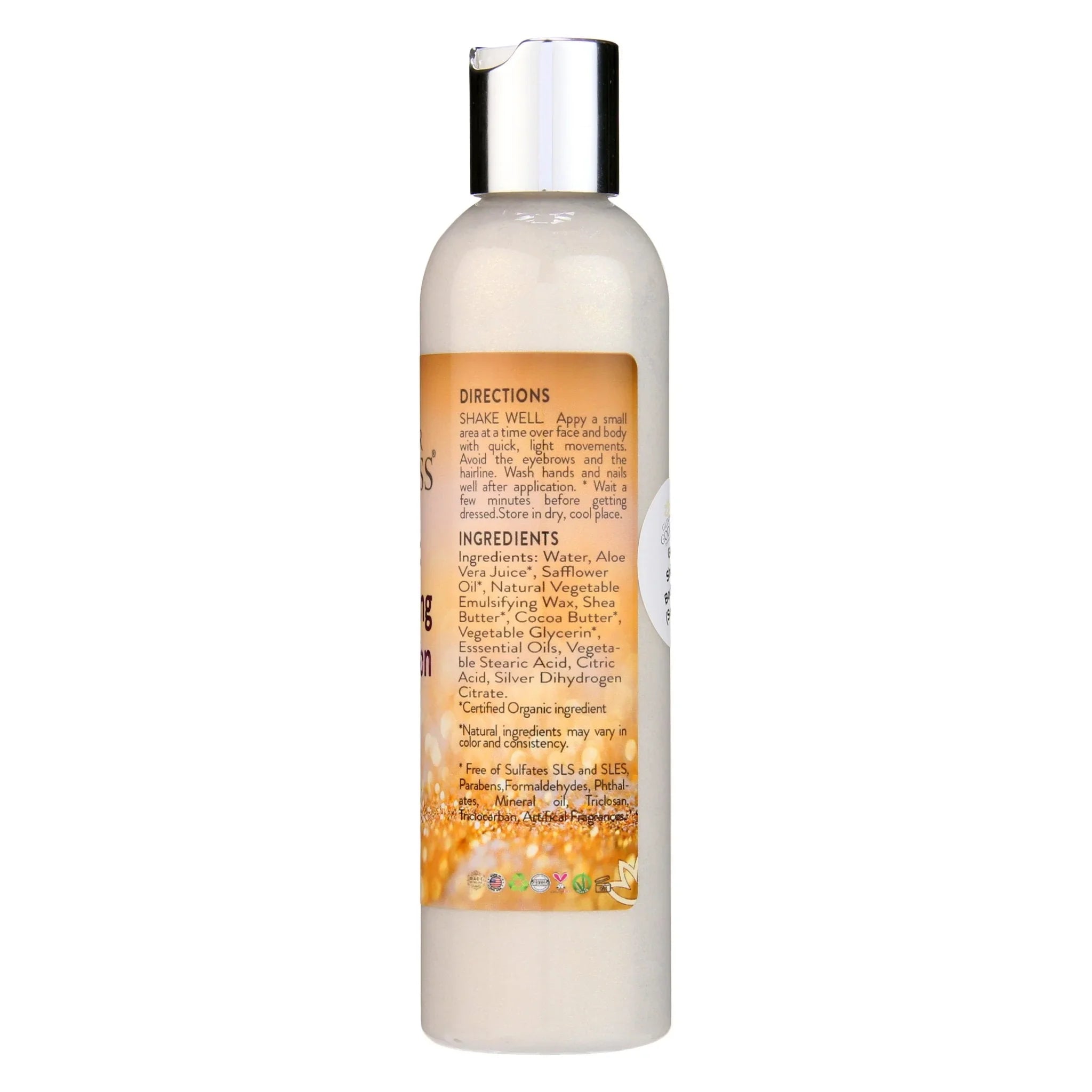Bottle of organic gold shimmer body lotion with ingredient list and Qu!rk Boutique branding.