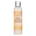 Glimmer Goddess organic shimmering body lotion bottle with gold label, sold at Qu!rk Boutique