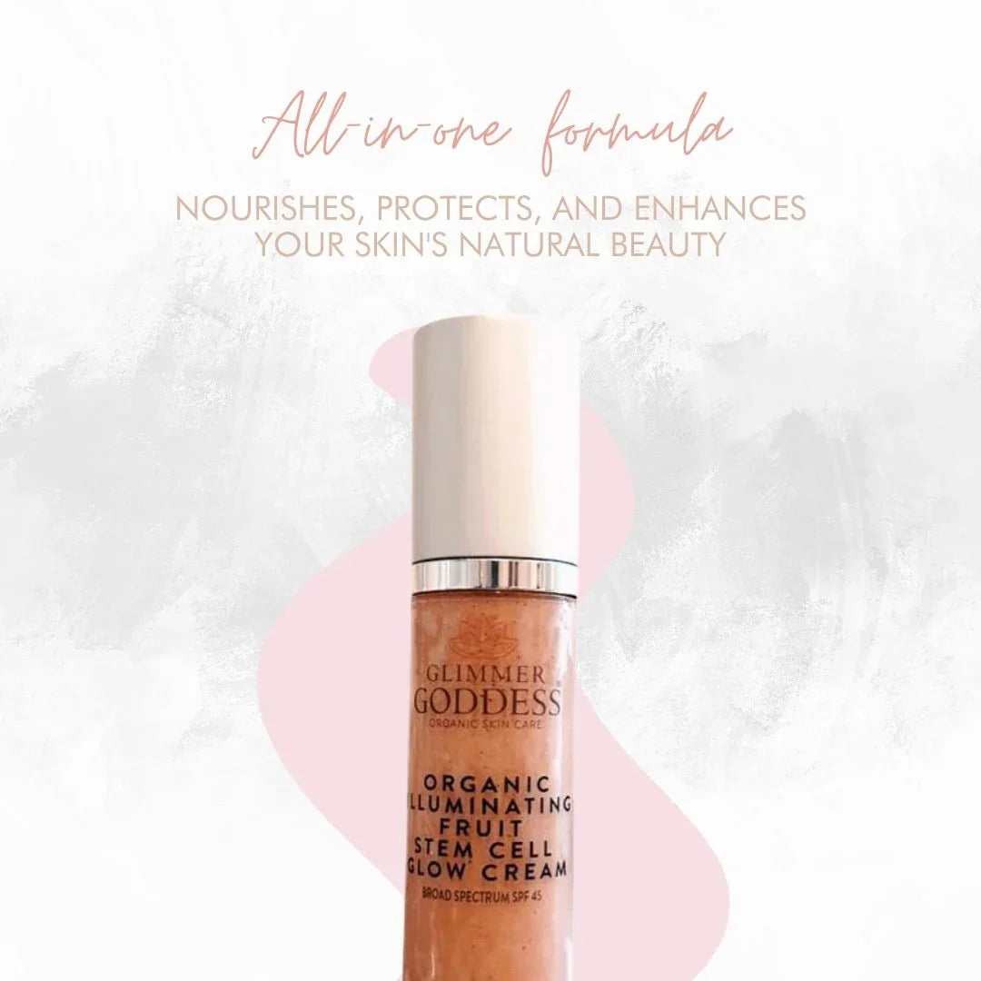 Glimmer Goddess organic illuminating fruit stem cell glow cream SPF 45 bottle on light background.