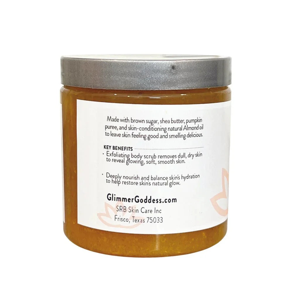 Organic pumpkin shea sugar body scrub jar with silver lid and exfoliating benefits label