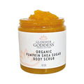 Glimmer Goddess organic pumpkin shea sugar body scrub in a 12 oz jar with orange scrub visible