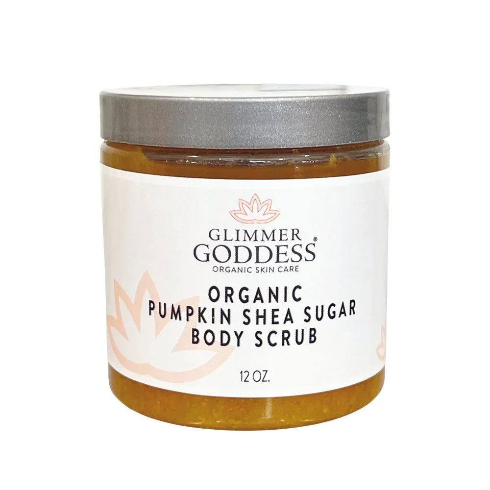 Glimmer Goddess Organic Pumpkin Shea Sugar Body Scrub 12 oz jar with silver lid