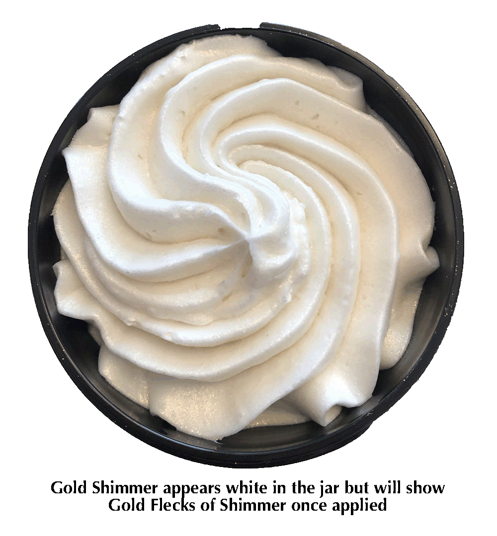 Organic shimmering white whipped body butter in a black round container