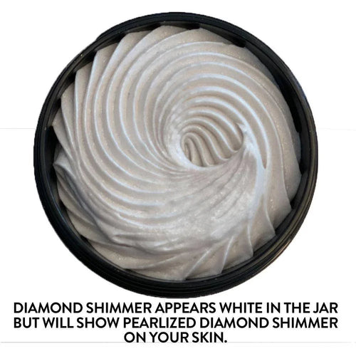 whipped body butter with a pearly diamond shimmer in a black jar, creamy texture swirl