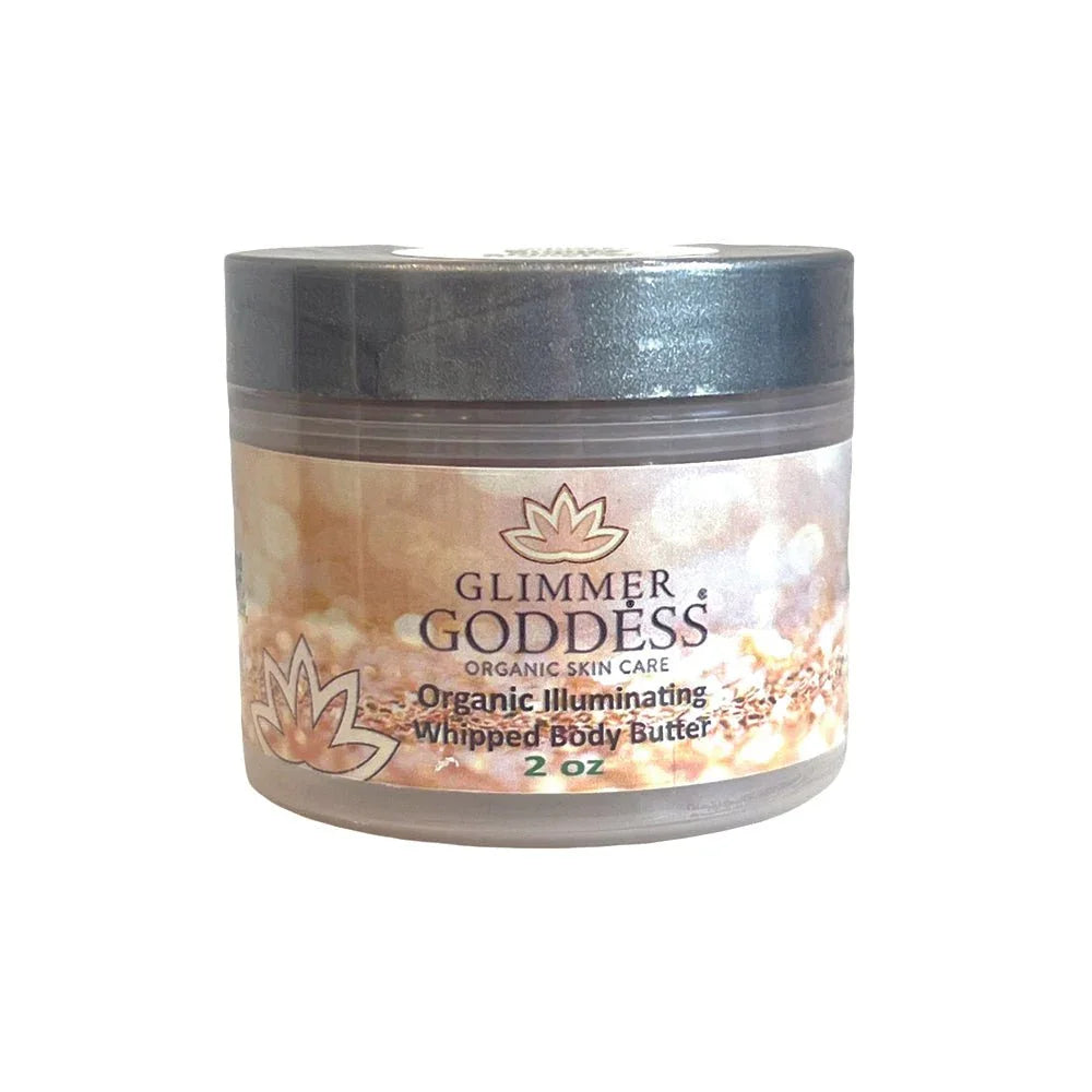 Glimmer Goddess Organic Illuminating Whipped Body Butter 2 oz jar with silver lid