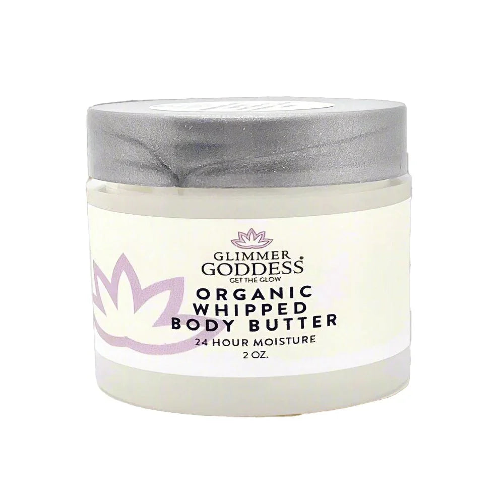 Glimmer Goddess organic whipped body butter in 2 oz jar for 24 hour moisture