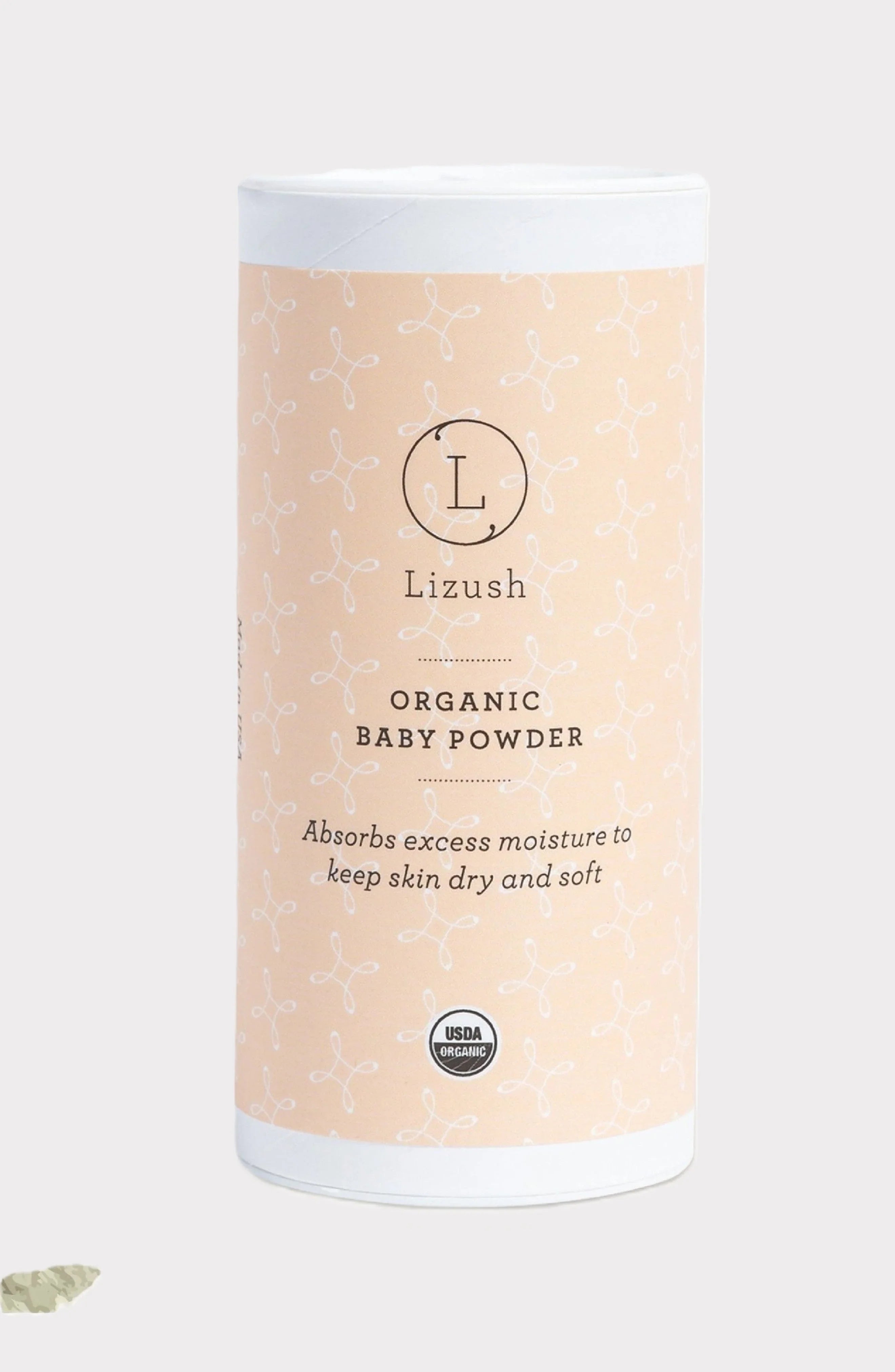 Lizush organic baby powder container with soft peach pattern and USDA organic label
