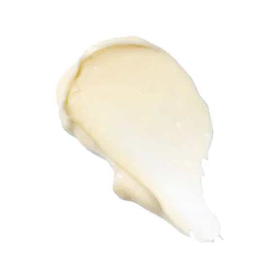 Swatch of creamy, beige skincare balm on white background, Qu!rk Boutique eco beauty
