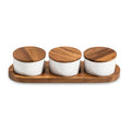 Set of three white ceramic spice jars with wooden lids on a wooden tray, Qu!rk Boutique giftware