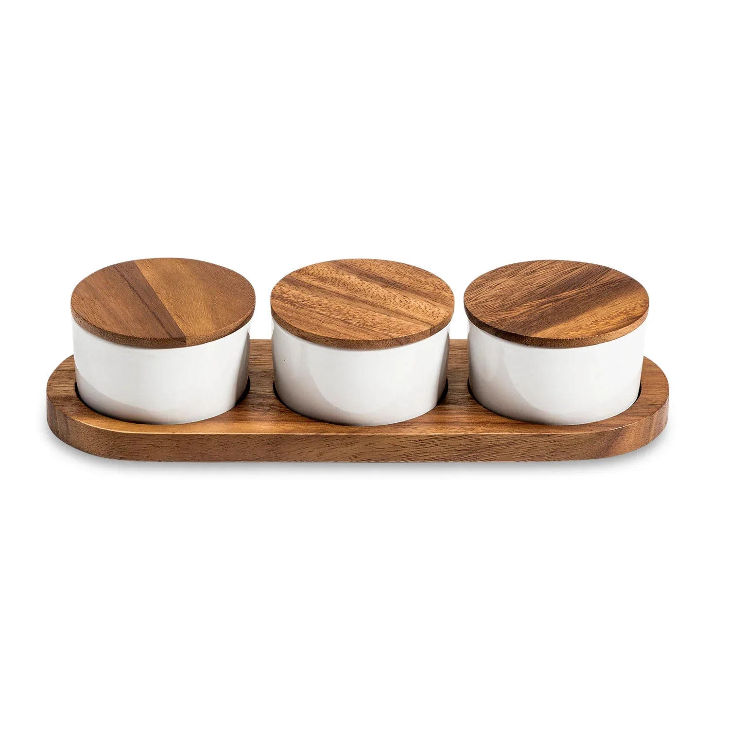 Set of three white ceramic spice jars with wooden lids on a wooden tray, Qu!rk Boutique giftware
