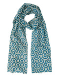 Peacock teal scarf with bold, artist-designed pattern from Qu!rk Boutique