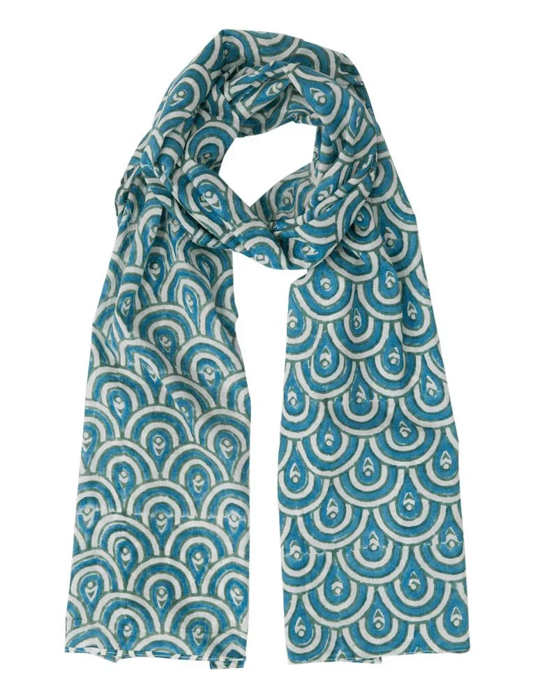 Peacock teal scarf with bold, artist-designed pattern from Qu!rk Boutique