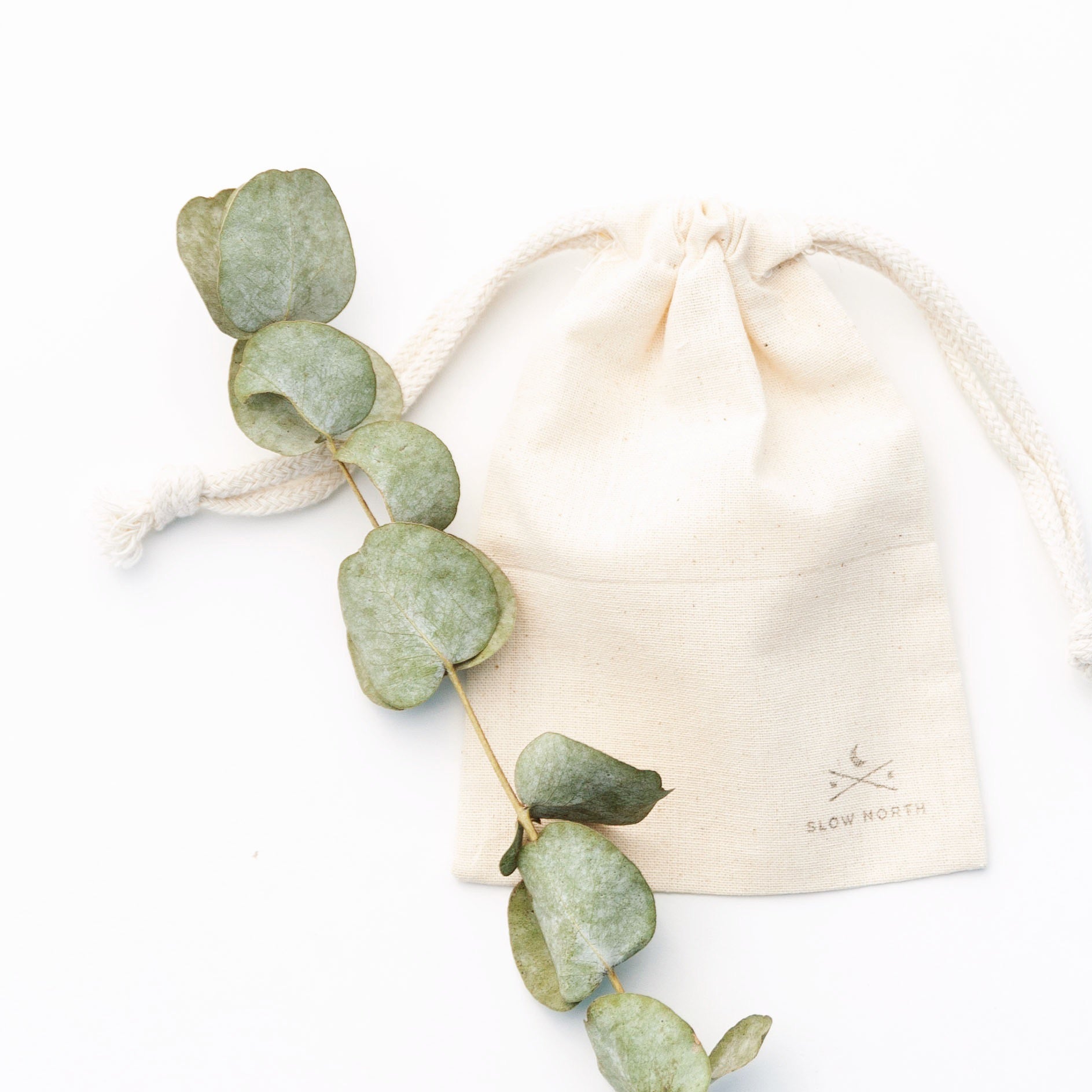 Beige drawstring pouch with Slow North logo beside a dried eucalyptus branch on white background
