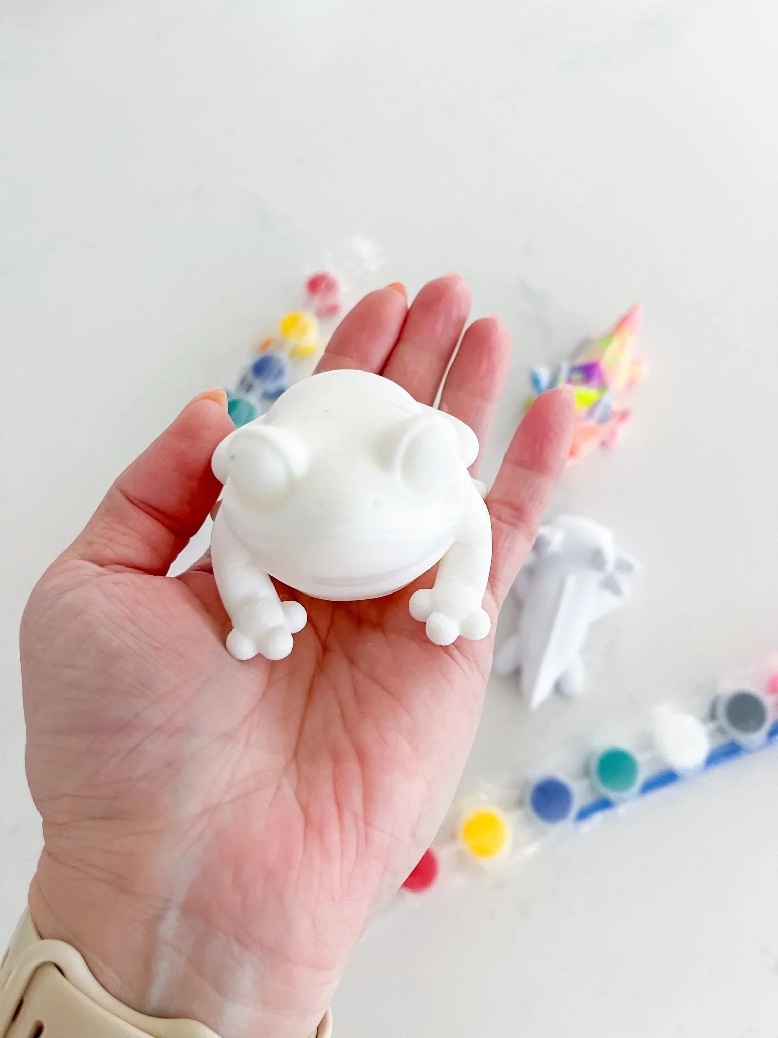 Hand holding an unpainted ceramic frog with paint kit supplies from Qu!rk Boutique