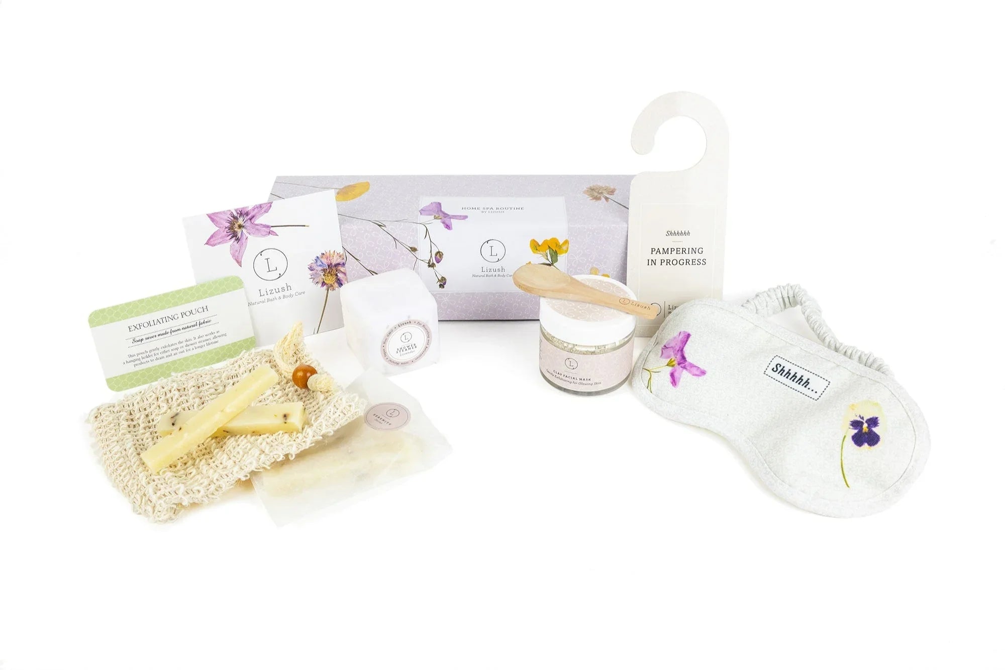 Lizush natural bath and body care home spa set with clay mask, exfoliating pouch, eye mask, and wooden spatula