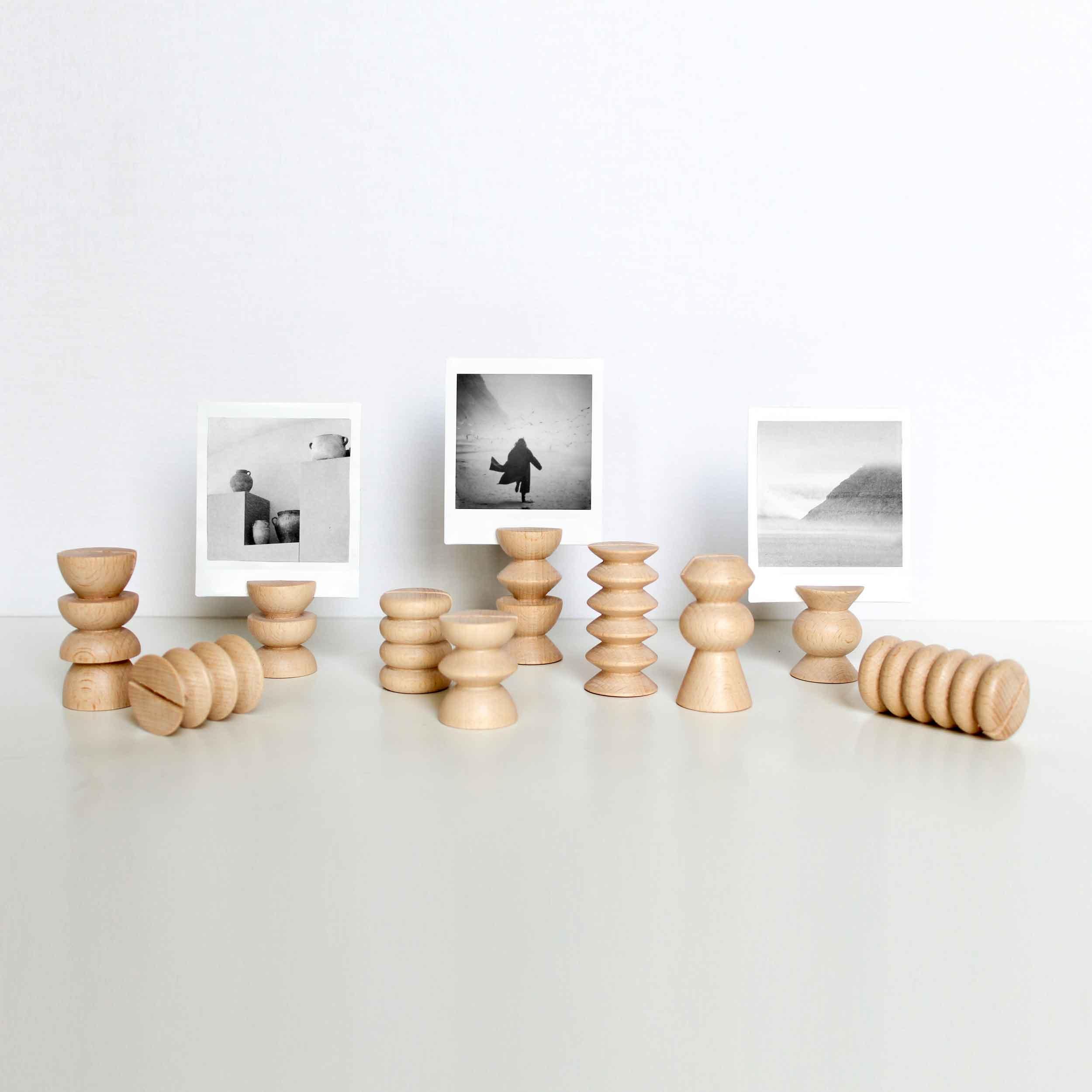 Minimalist wooden postcard and photo holders for home decor on a white background, Qu!rk Boutique