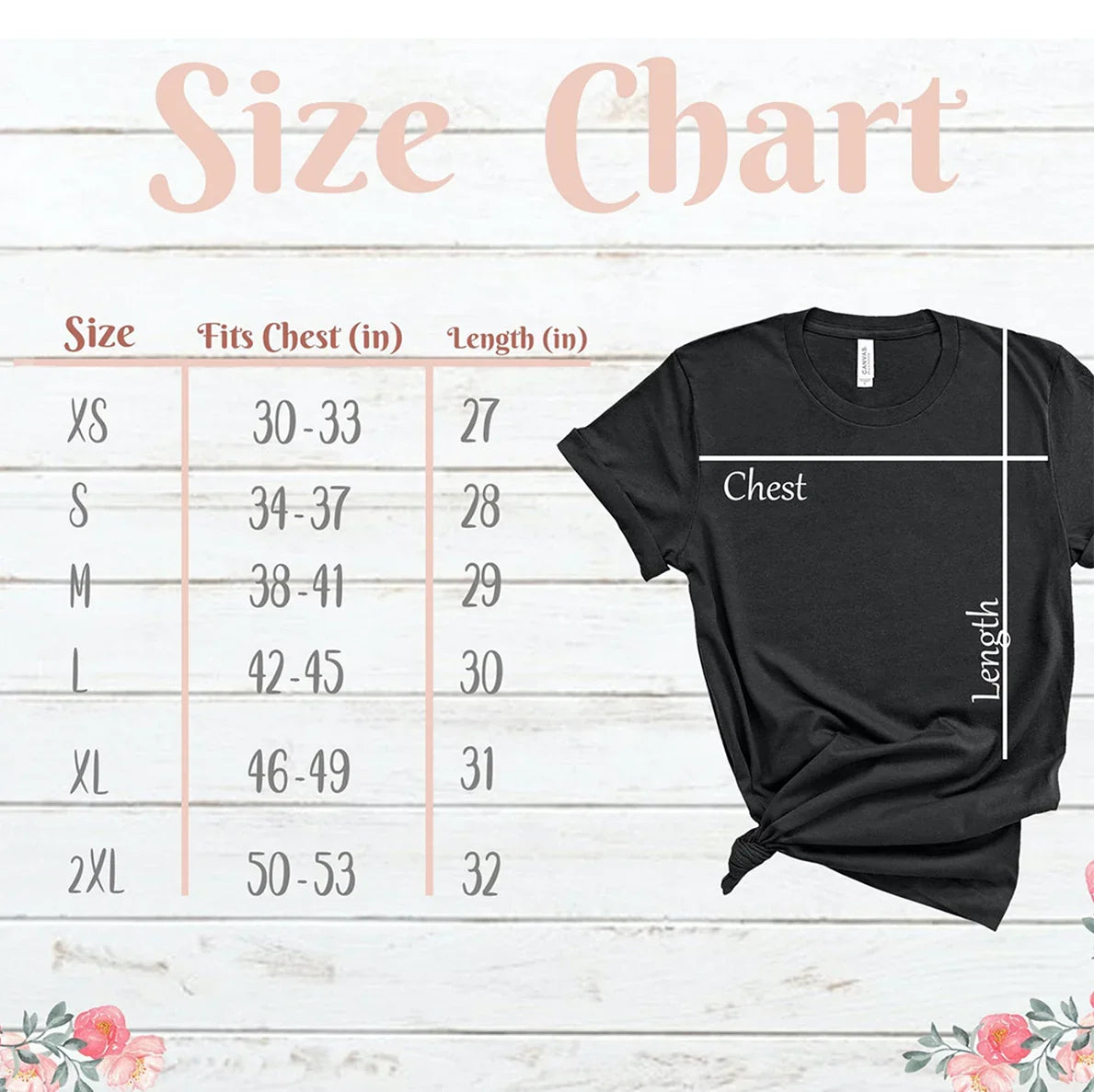 T-shirt size chart with chest and length measurements in inches, black tee model, floral accents