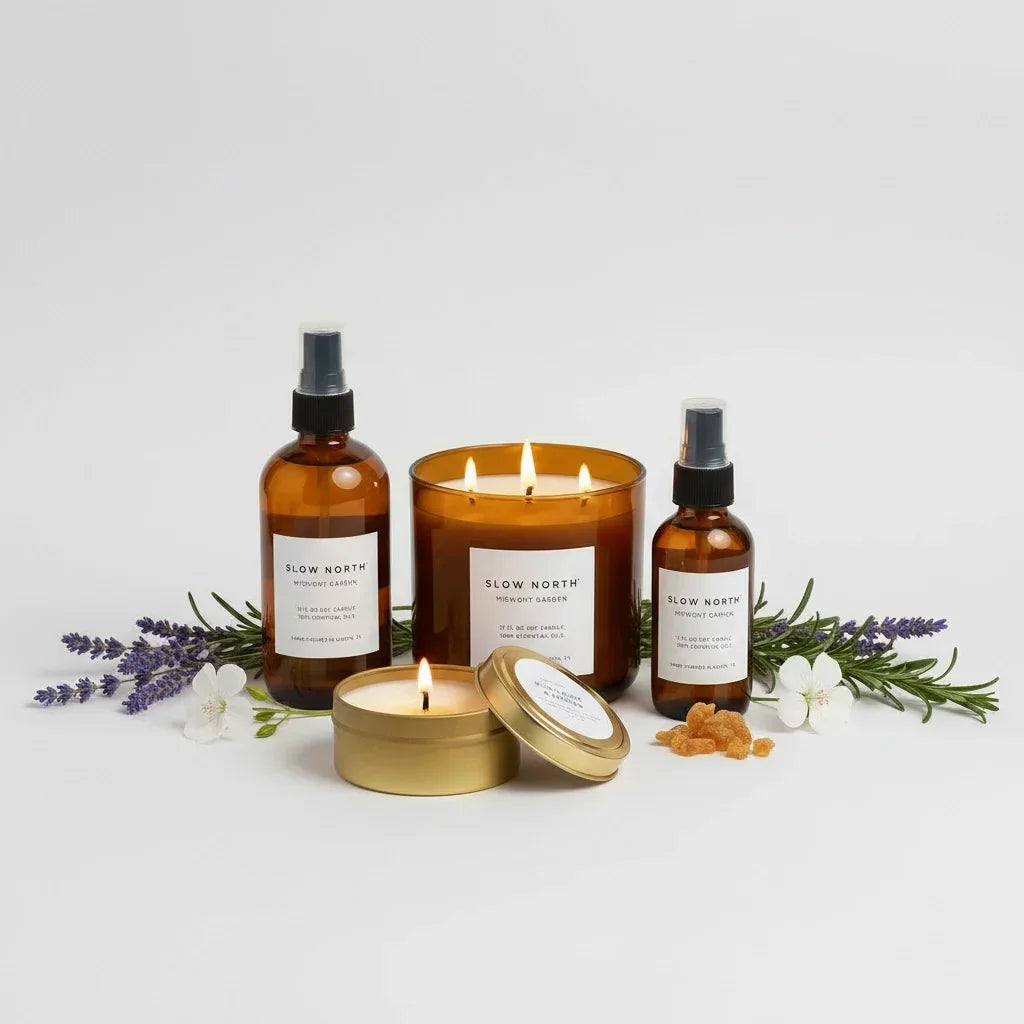 Slow North amber glass spray bottles and candles with lavender and white flowers on white background