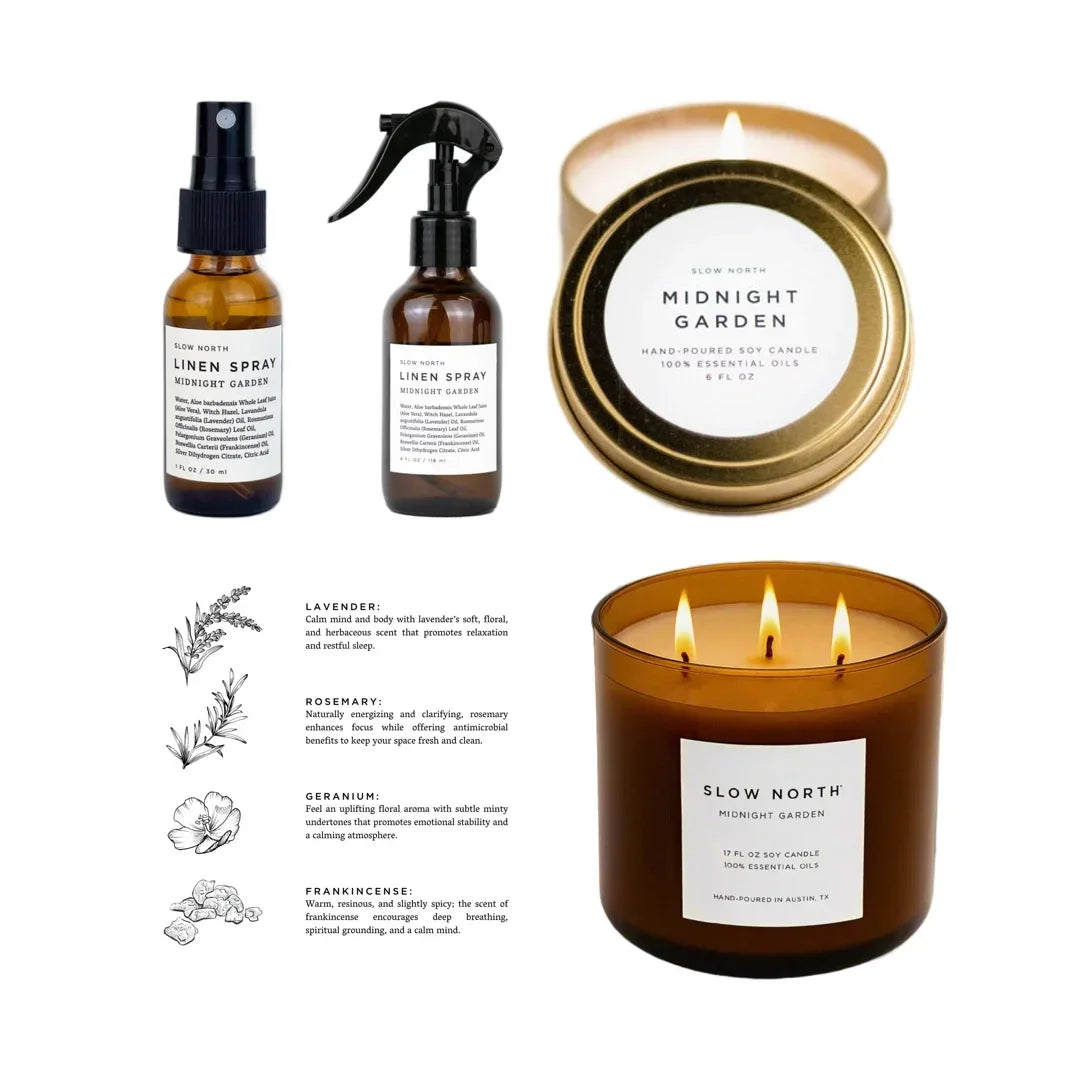Slow North Midnight Garden scented linen sprays and soy candles with essential oils and botanical descriptions