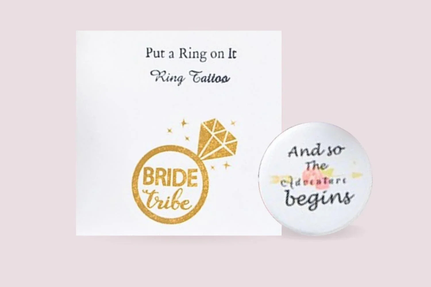 Bride Tribe ring tattoo card and 'And so the adventure begins' button gift from Qu!rk Boutique