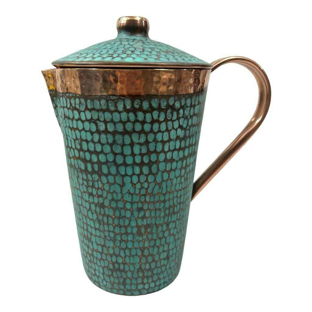 Turquoise hammered copper pitcher with patterned texture and lid, Qu!rk Boutique giftware