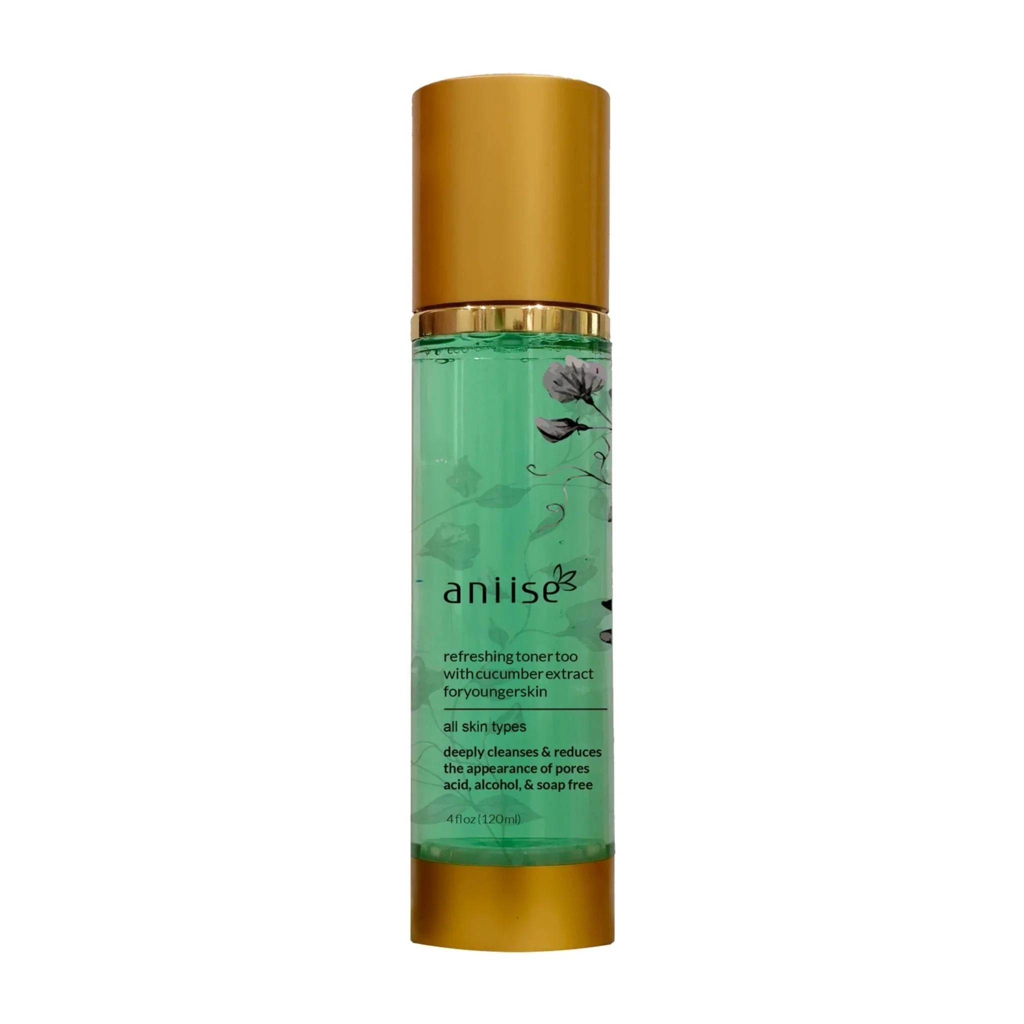 Anise refreshing cucumber extract facial toner in a green bottle with gold cap, skincare at Qu!rk Boutique