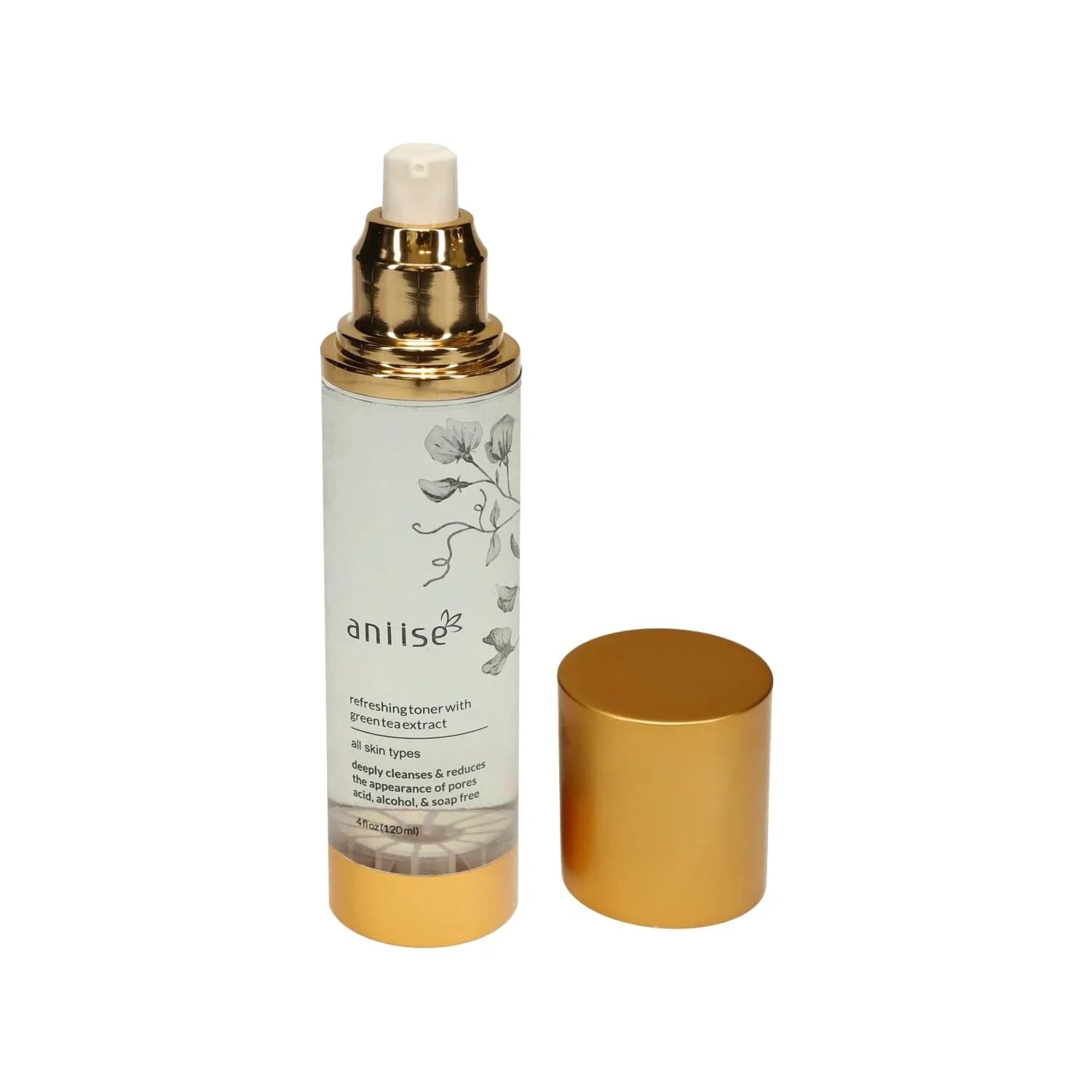 Anise green tea extract facial toner with gold cap, featured at Qu!rk Boutique