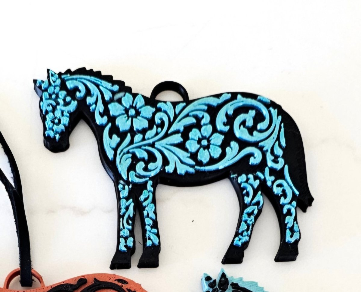 Baha Ranch 3D Print Floral Tooled Horse Charm or Keychain Made in America - Qu!rk Boutique