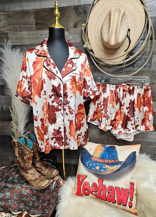Baha Ranch Cow Hide Print Western Cowgirl Satin Pajama Set - Qu!rk Boutique