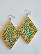 3D Print Western Tooled Mustard Gold on Turquoise Earrings Made in America - Qu!rk Boutique