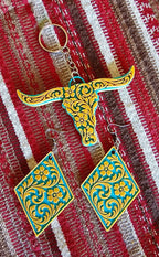 3D Print Western Tooled Mustard Gold on Turquoise Earrings Made in America - Qu!rk Boutique