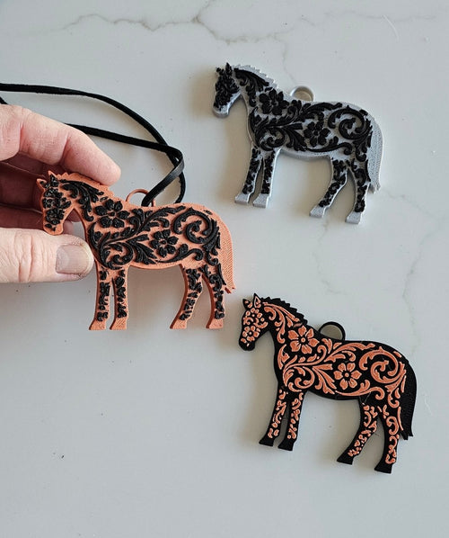 Baha Ranch 3D Print Floral Tooled Horse Charm or Keychain Made in America - Qu!rk Boutique