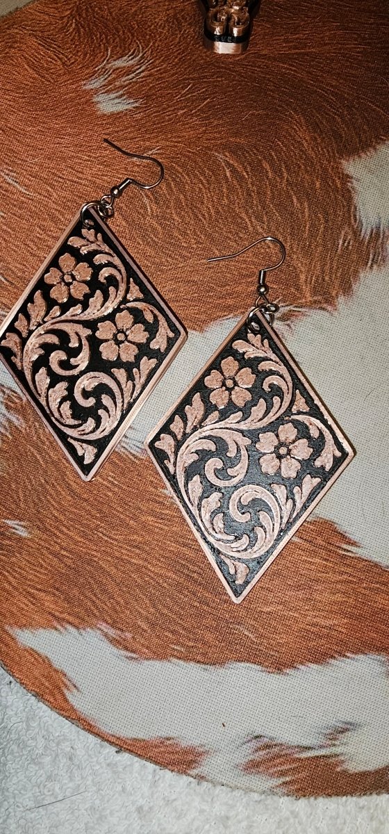 3D Print Western Tooled Floral Earrings Made in America Choice of Colors - Qu!rk Boutique