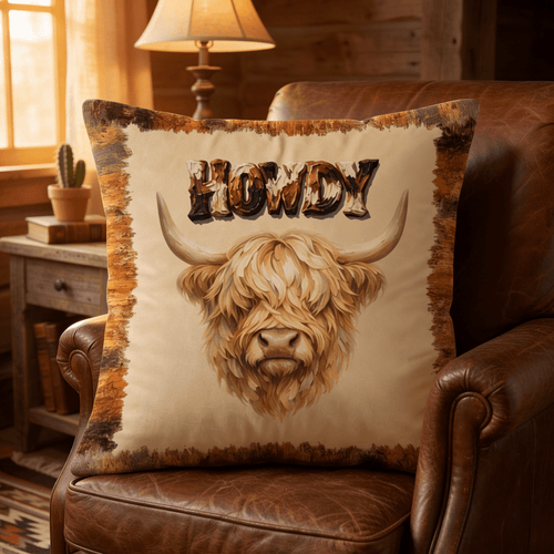 Baha Ranch Velvety Soft Howdy Highland Pillow Cover Made in America - Qu!rk Boutique
