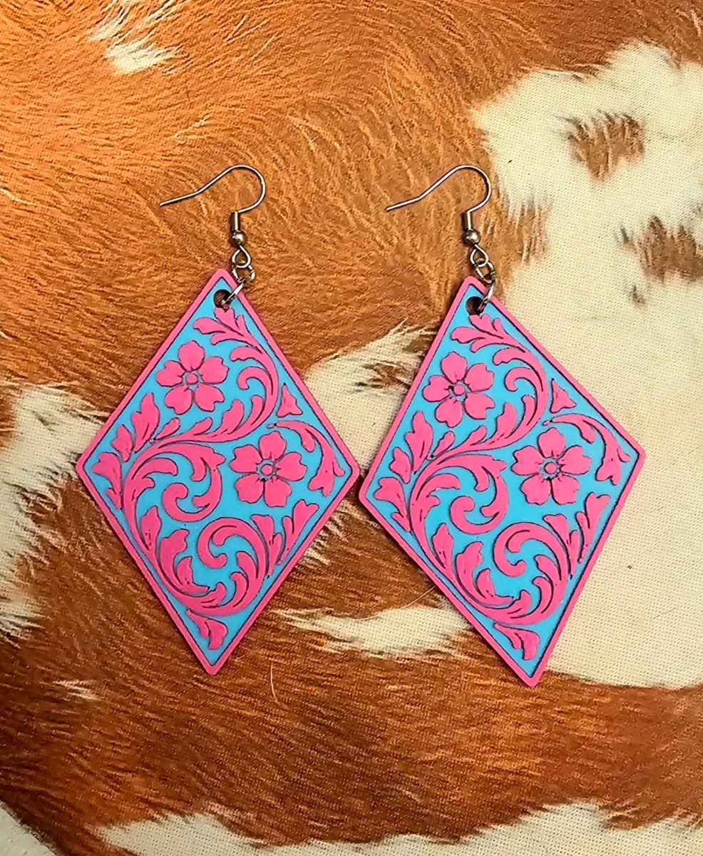 3D Print Western Tooled Floral Earrings Made in America Choice of Colors - Qu!rk Boutique