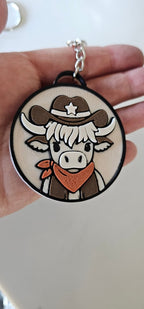 3d Printed Cowboy Cowgirl Highland Cow Cute Keychain - Qu!rk Boutique