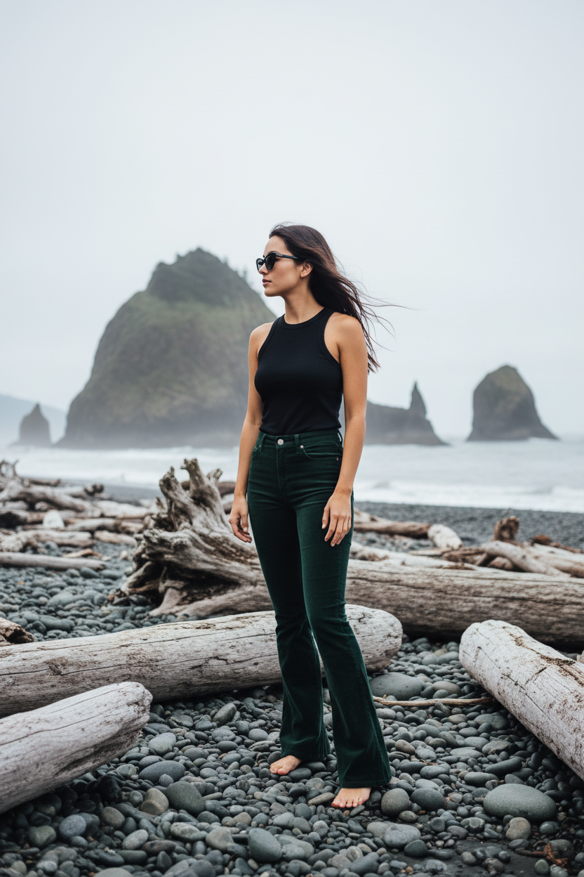 Rocky Beach - Accurate Dark Green Corduroy Flare Pants